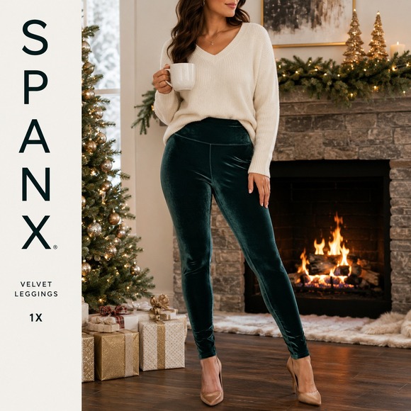 SPANX Pants - Spanx Velvet Leggings Womens 1X Green High Rise Pull On Slimming Pants Holiday